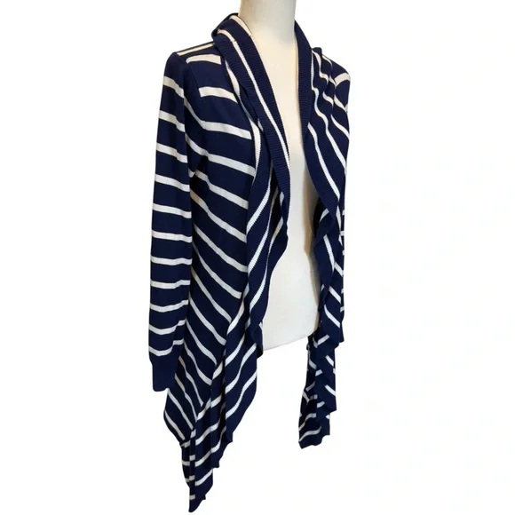 Soft Surroundings Navy White Stripe Open Front Waterfall Neck Cardigan Sweater - Picture 5 of 8